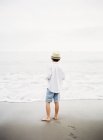Вид ззаду хлопчика в капелюсі на березі моря — стокове фото