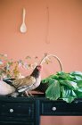 Курица на столе с овощами — стоковое фото