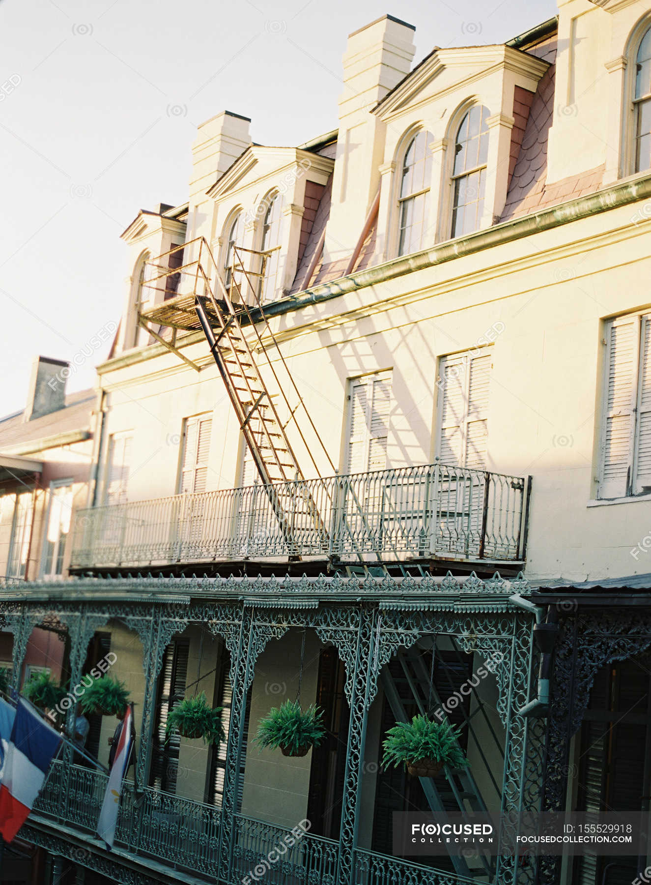 Building Exterior With Metal Stairs Destination Background Stock Photo 155529918