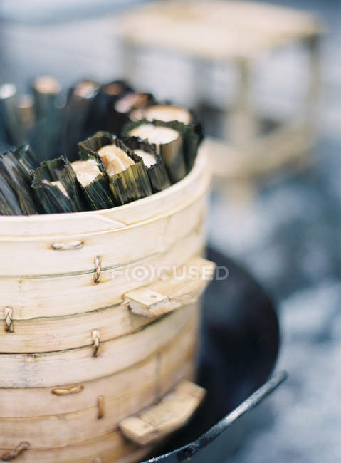 Close up of bamboo steamer — Stock Photo