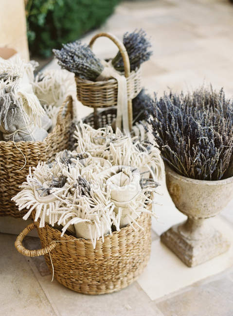 Dried lavender flowers and garden decor — Stock Photo