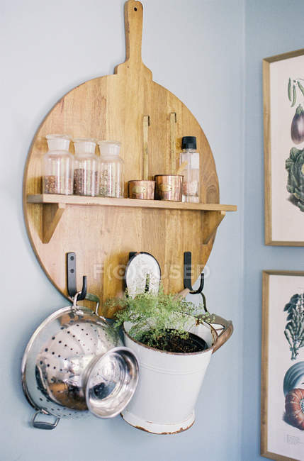 Kitchen wooden shelf — Stock Photo
