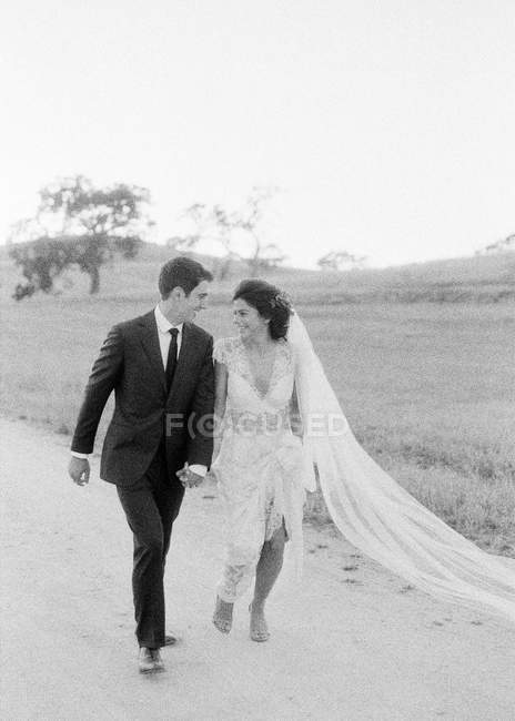 Recién casados caminando en el campo - foto de stock