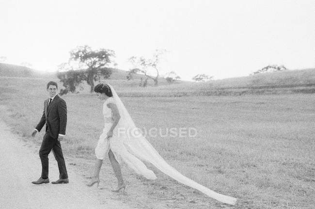 Appena sposati che camminano in campo — Foto stock