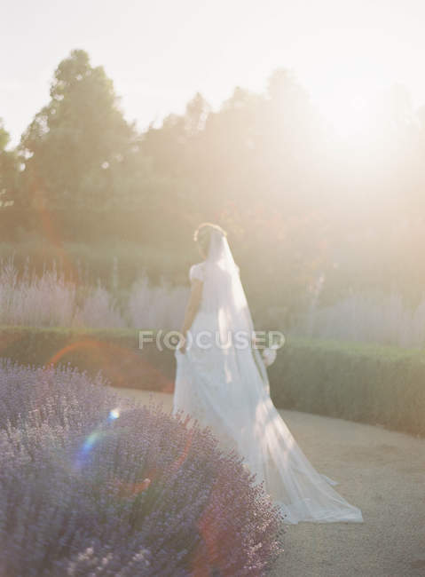 Mariée marche au jardin — Photo de stock