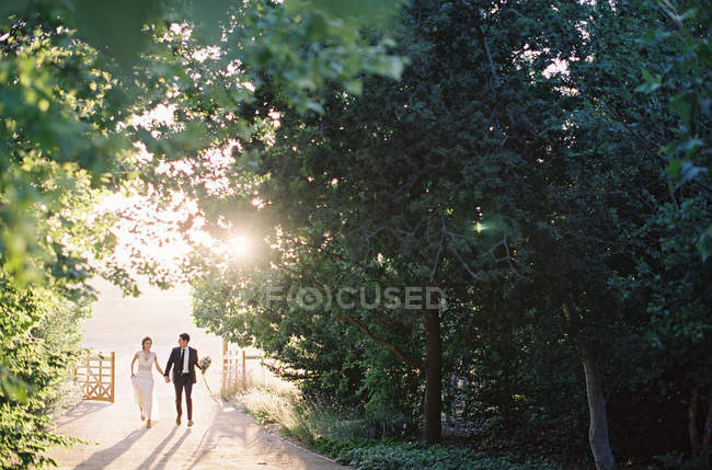 Jeunes mariés marchant sur la route rurale — Photo de stock