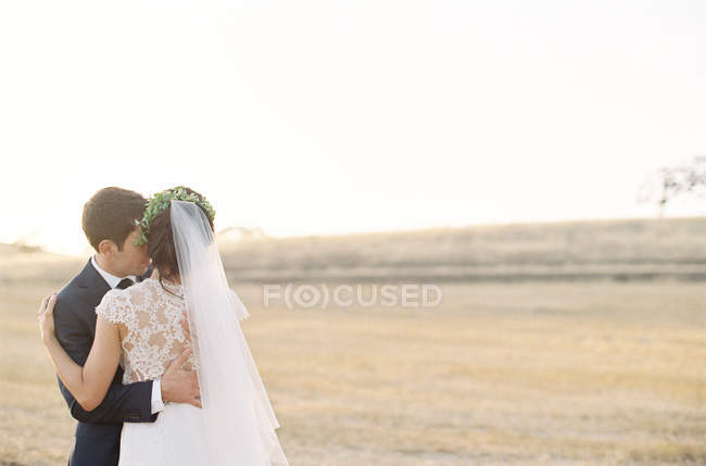Sposo abbracciare sposa — Foto stock
