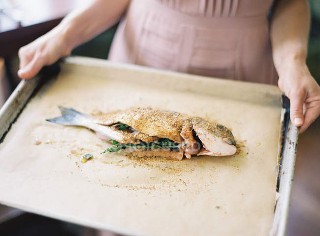 Mãos femininas segurando peixes não cozidos — Fotografia de Stock