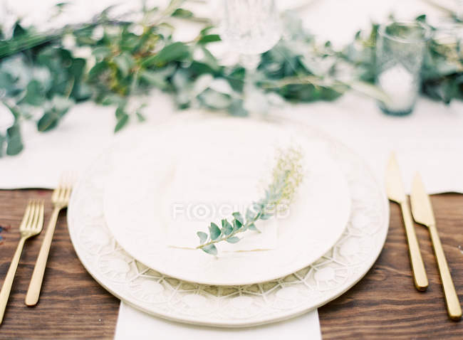 Table de réglage décorer avec des plantes — Photo de stock