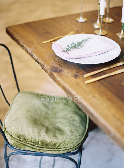 Plate decorated with rosemary sprig — Stock Photo