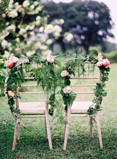 Chairs decorated with fresh cut branches — Stock Photo