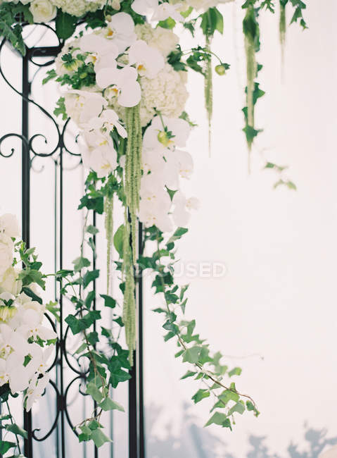 Metal gates decorated with flowers — Stock Photo