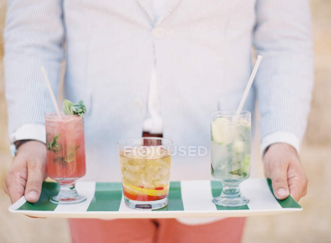 Tray with refreshing cocktails — Stock Photo