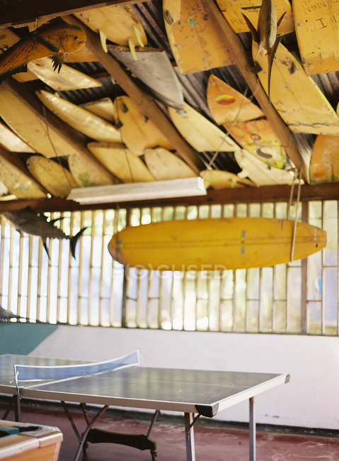 Planche de surf suspendue à l'intérieur du café — Photo de stock