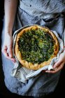 Female hands holding spinach pie — Stock Photo