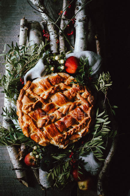 Baked pie on wooden logs — Stock Photo