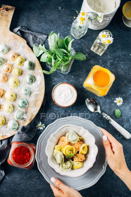 Plate of colored ravioli — Stock Photo