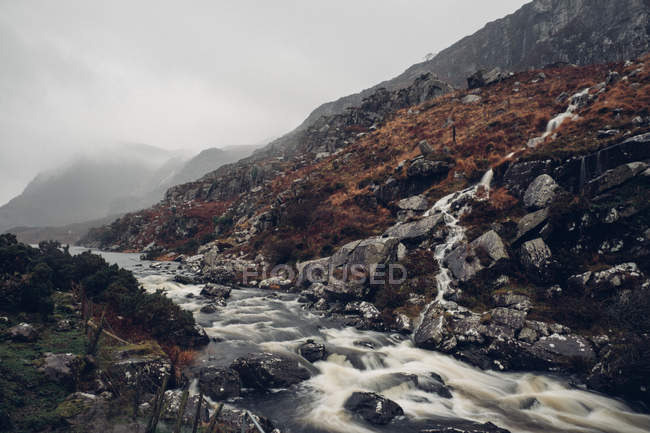 Rivière dans les montagnes couvertes de brouillard — Photo de stock