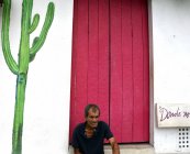 Человек сидит за стеной с раскрашенным кактусом — стоковое фото