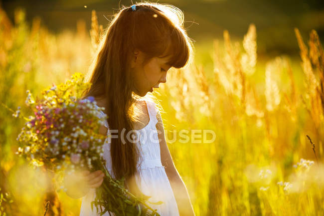 Дівчина з букетом диких квітів — стокове фото