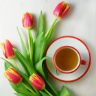 Cup of tea and bouquet of tulip flowers — Stock Photo