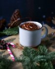 Nahaufnahme von Latte in Metallbecher mit Schokoladenpuder, Zuckerrohr und Tannenzweigen — Stockfoto