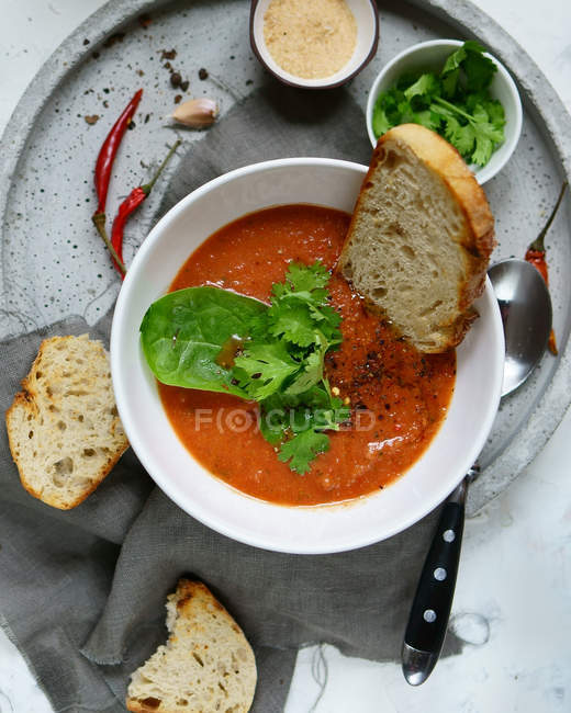 Paprika- und Tomatencremesuppe mit Petersilie — Stockfoto
