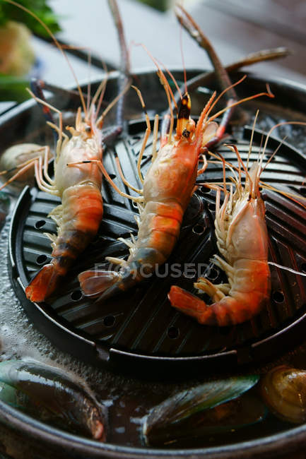 Grilled king prawns and boiled mussels — Stock Photo