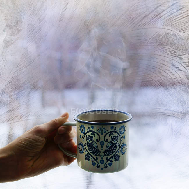 Donna che tiene tazza di tè caldo — Foto stock