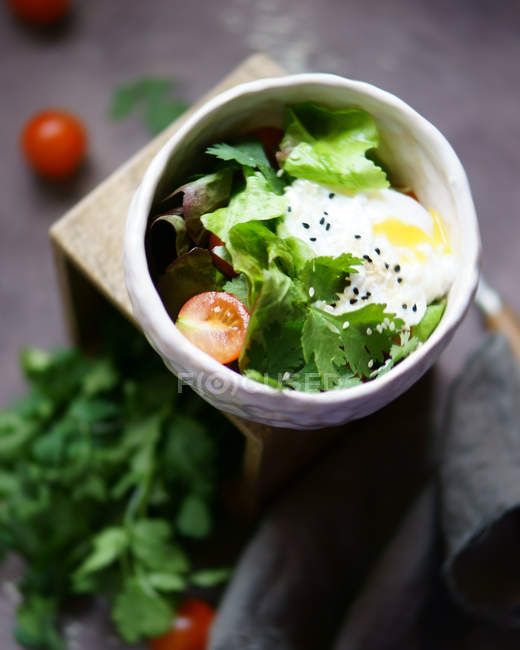 Vista de cerca de la ensalada con vegetación, tomates, huevo frito y semillas de sésamo negro en un tazón - foto de stock