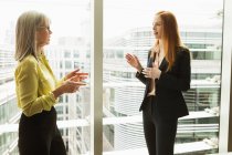 Бізнес-леді розмовляють вікном — стокове фото