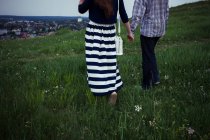 Jovem casal andando para baixo gramado colina — Fotografia de Stock