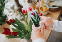 Florist photographing flowers — Stock Photo