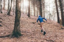 Male runner running up steep forest — Stock Photo
