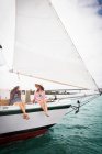 Two women on sailing boat — Stock Photo