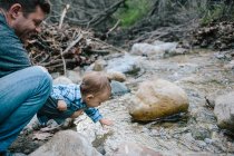 Padre y bebé niño investigando río - foto de stock