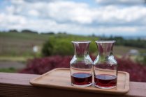 Vista de cerca de las jarras de vino en la cornisa con viñedo en el fondo - foto de stock