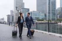 Бізнесмен і бізнес-леді тягнуть багажник — стокове фото