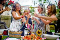 Группа людей на вечеринке в саду, держа бокалы с вином, произнося тост — стоковое фото