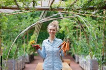 Жінка тримає пучка моркви — стокове фото