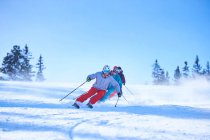 Männliche und weibliche Skifahrer — Stockfoto
