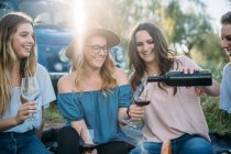 Друзья сидят на траве, разливая вино — стоковое фото
