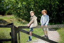 Two boys climbing wooden fence — Stock Photo