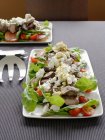Plates of lamb with feta salad — Stock Photo