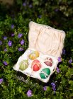 Коробка с пасхальными яйцами в цветах — стоковое фото