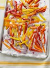 Sliced vegetables on roasting pan — Stock Photo