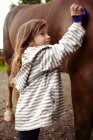 Chica cepillado caballo abrigo al aire libre - foto de stock