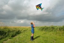 Chica volando cometa en campo rural - foto de stock