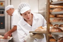 Chef carrying tray of bread in kitchen — Stock Photo