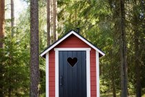 Маленький хатинний будинок в лісі, двері з отвором у формі серця — стокове фото